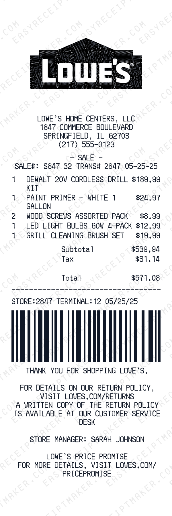 Lowe's receipt template