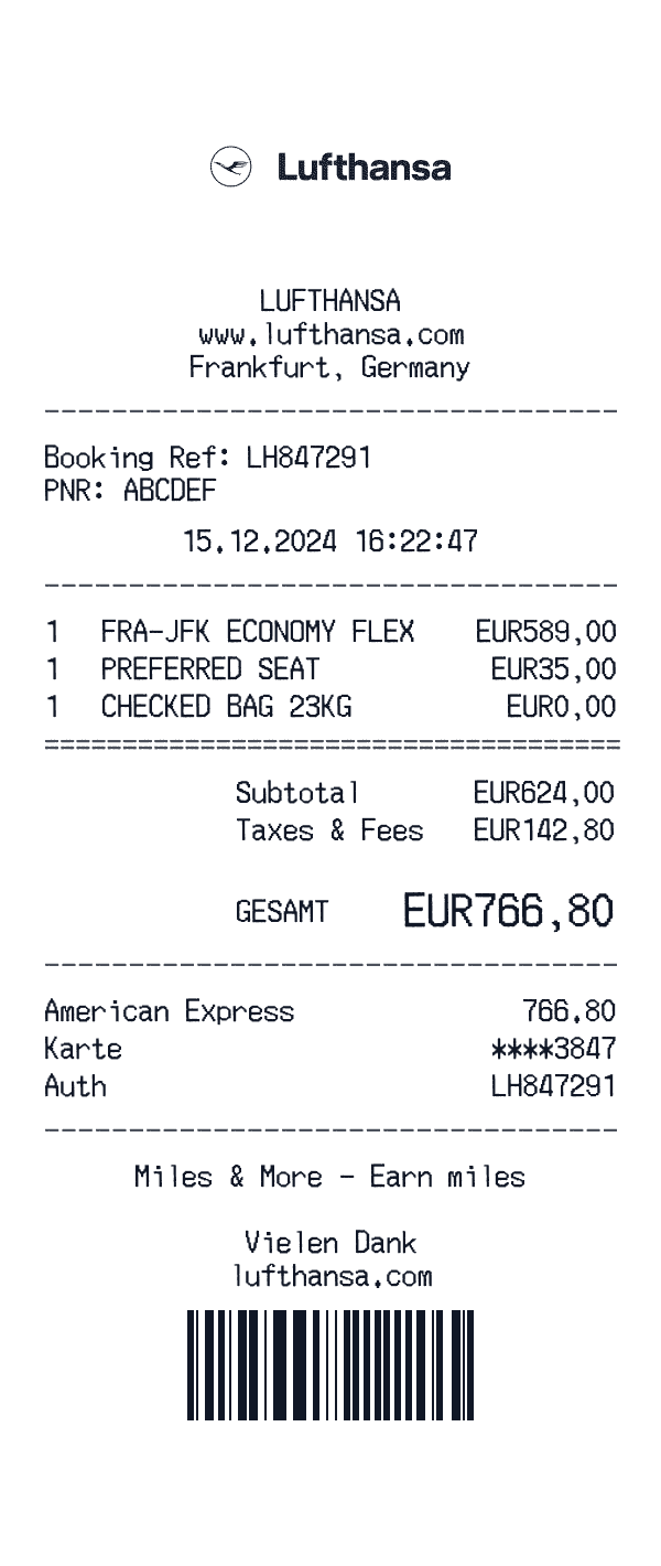 Lufthansa receipt template example - transportation receipt with itemized details, prices, and payment information
