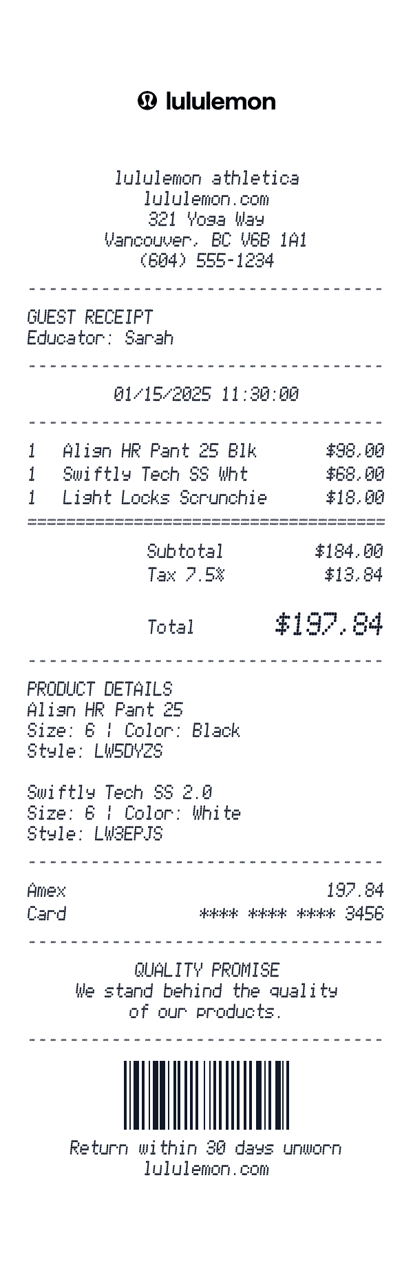 Lululemon receipt preview