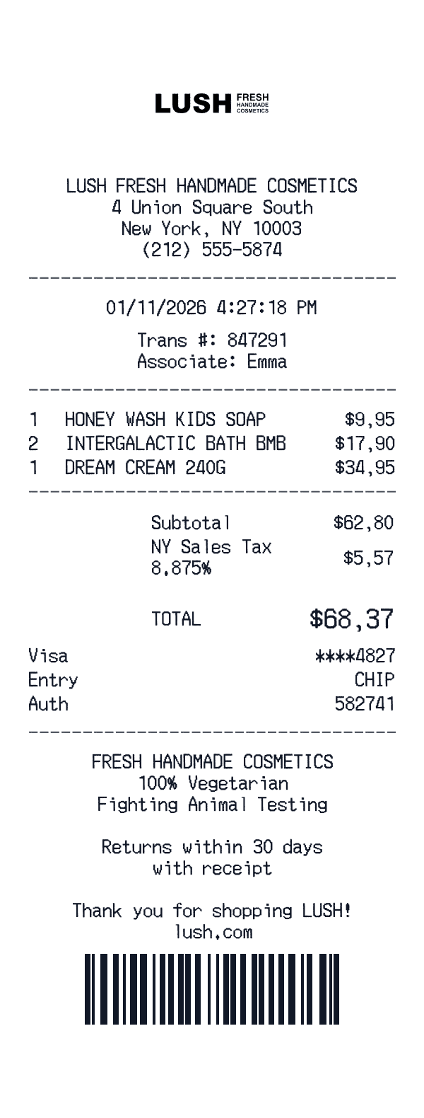 Lush Cosmetics receipt template example - beauty receipt with itemized details, prices, and payment information