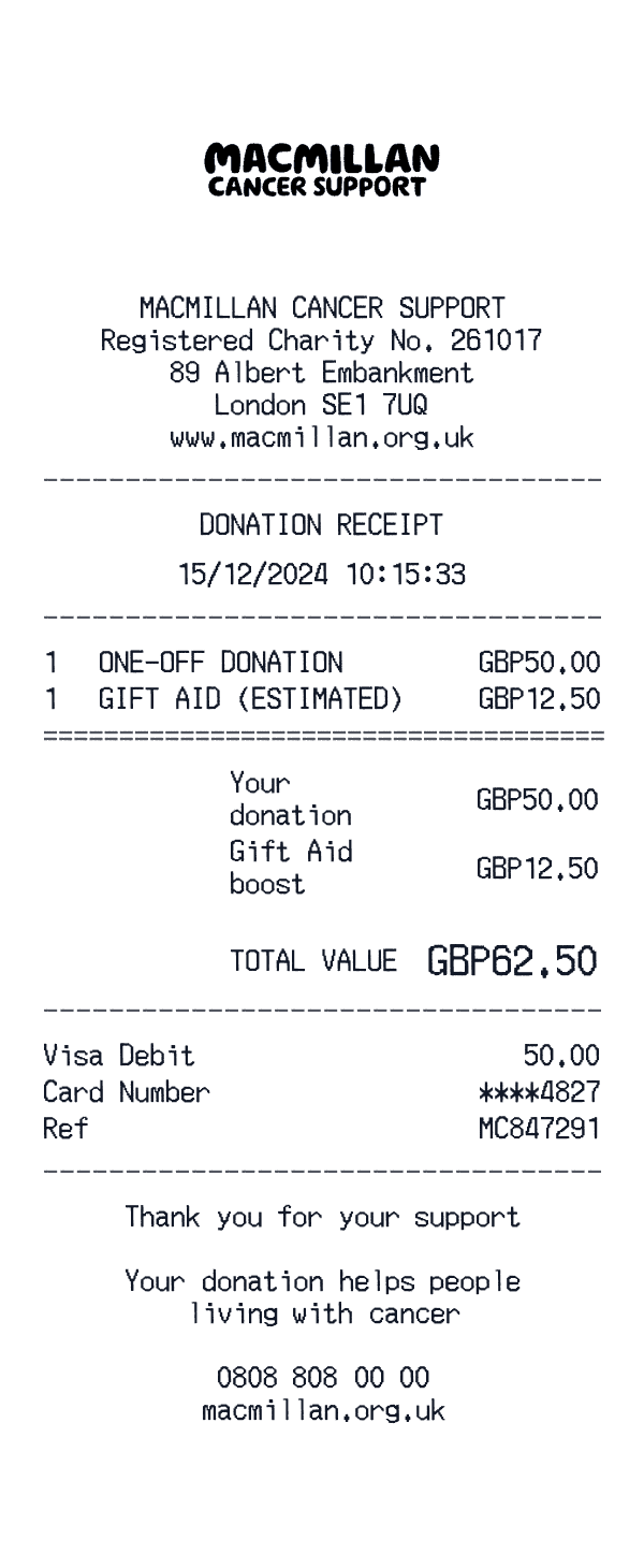 Macmillan Cancer Support receipt template example