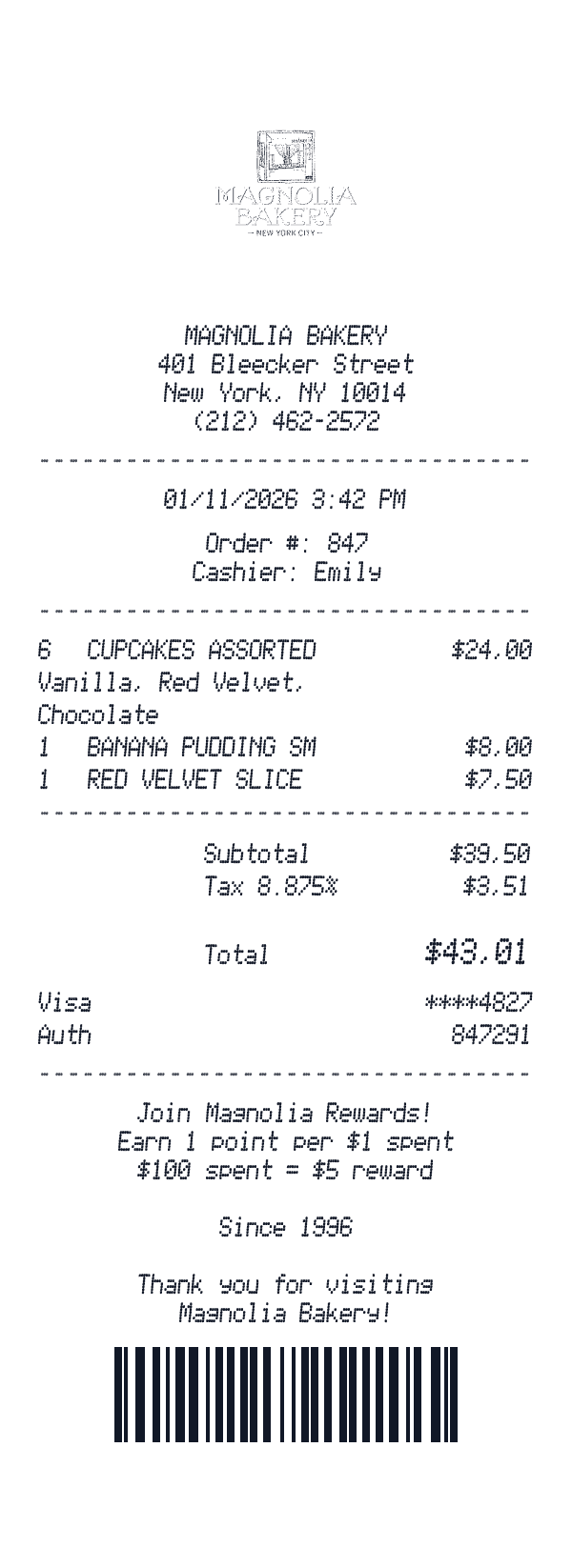 Magnolia Bakery receipt template example - bakery receipt with itemized details, prices, and payment information