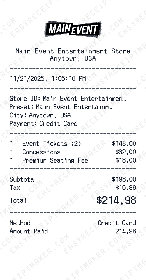 Main Event Entertainment receipt template generator preview