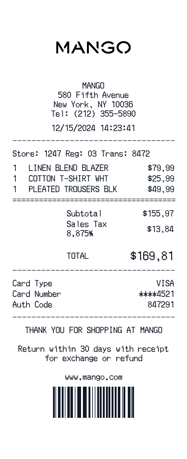 Mango receipt preview