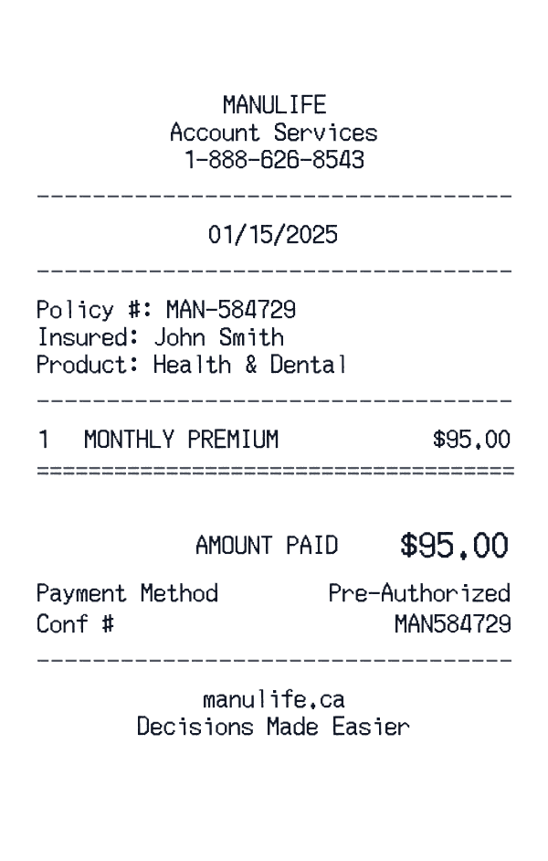 Manulife receipt template example - other receipt with itemized details, prices, and payment information