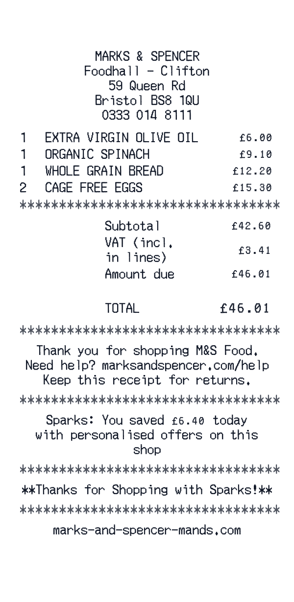 Marks & Spencer (M&S) receipt template generator preview