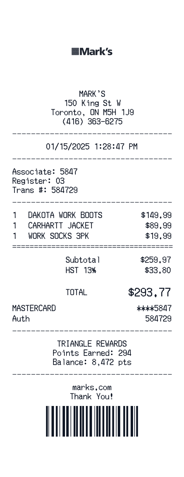 Mark's receipt template example - clothing receipt with itemized details, prices, and payment information