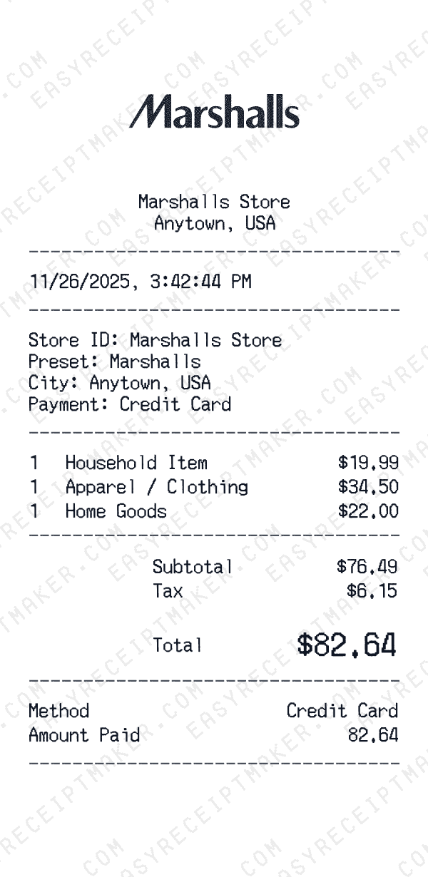 Marshalls receipt preview