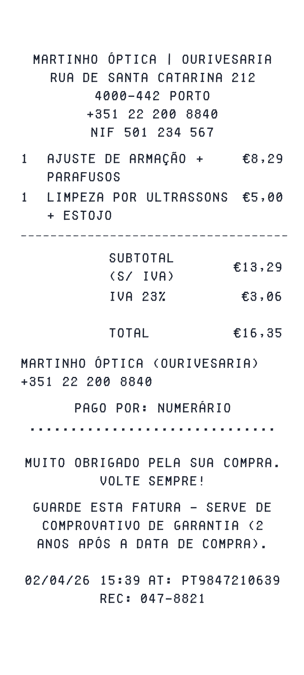 Martinho Óptica (Ourivesaria) receipt template generator preview