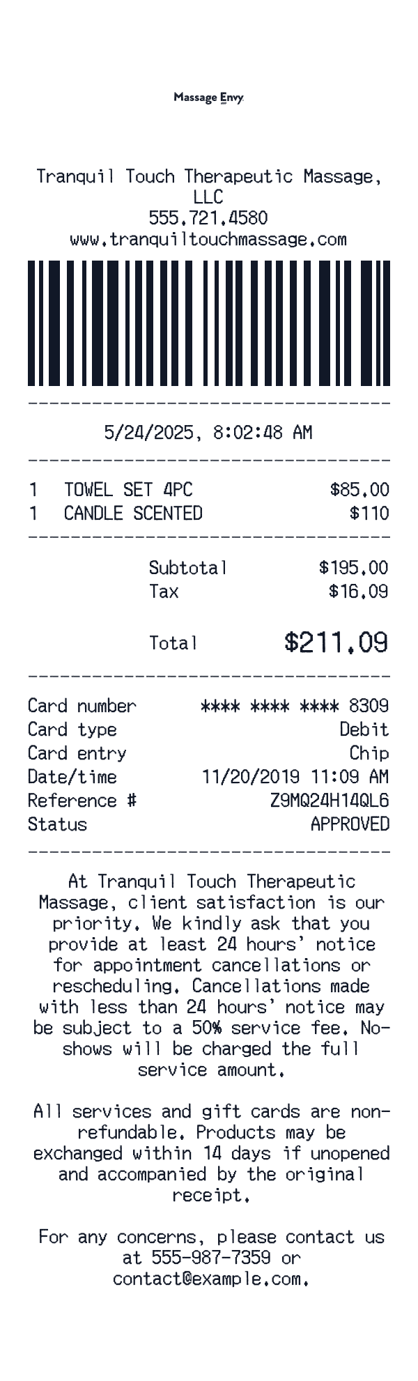 Massage Envy receipt preview