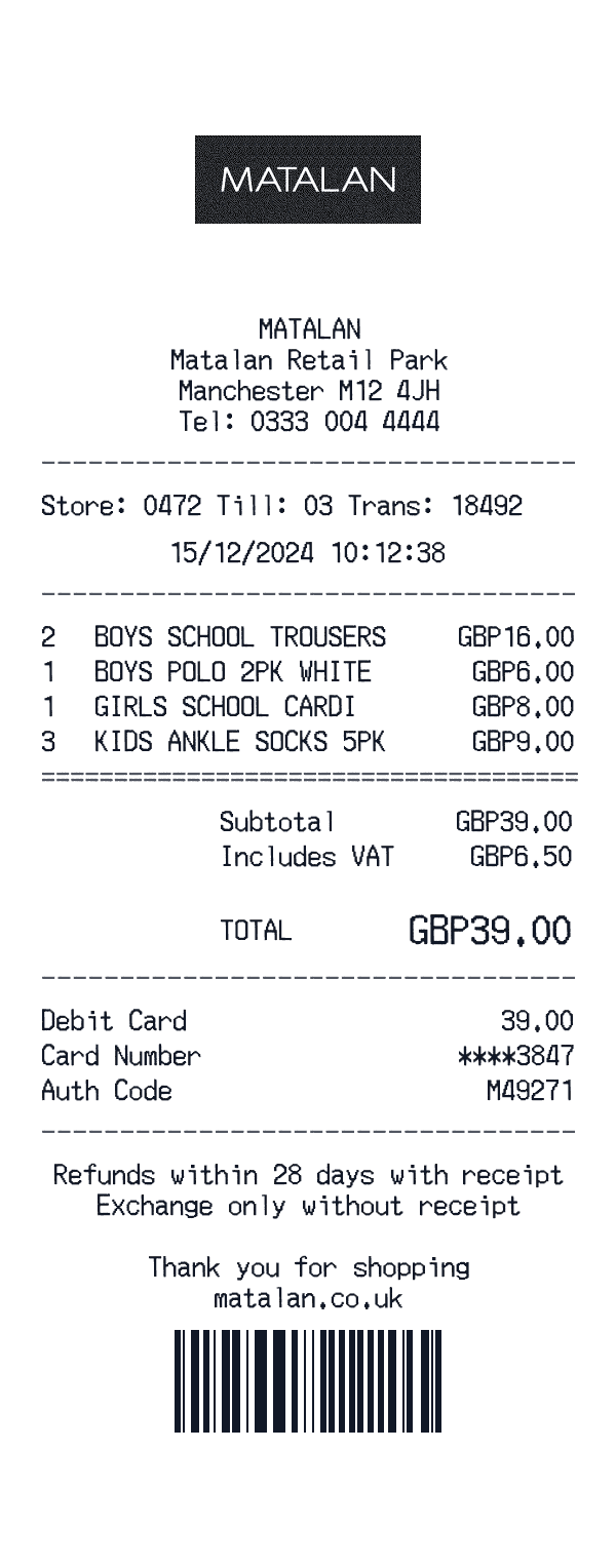 Matalan receipt preview