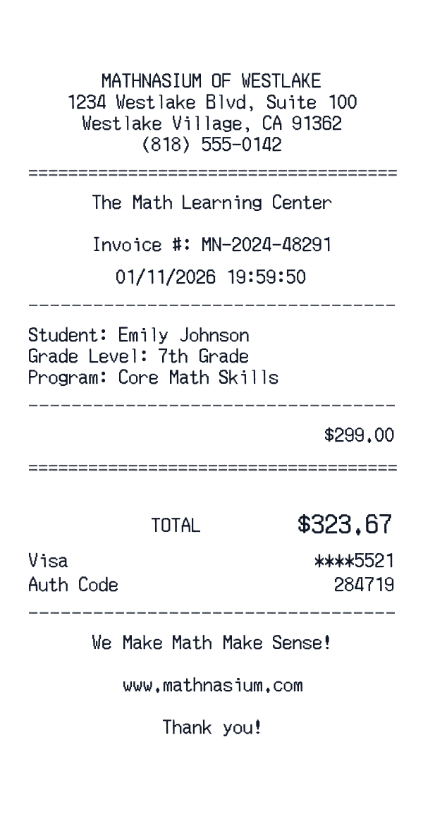 Mathnasium receipt template example - education receipt with itemized details, prices, and payment information