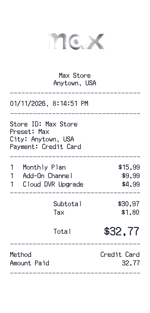 Max receipt template example - streaming receipt with itemized details, prices, and payment information