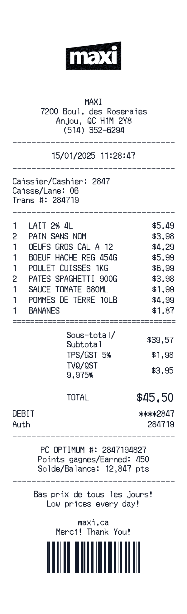 Maxi receipt template example - grocery receipt with itemized details, prices, and payment information