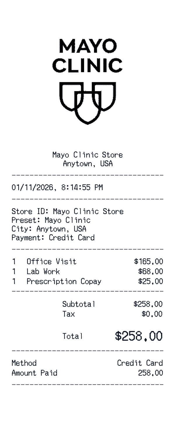 Mayo Clinic receipt template example - healthcare receipt with itemized details, prices, and payment information