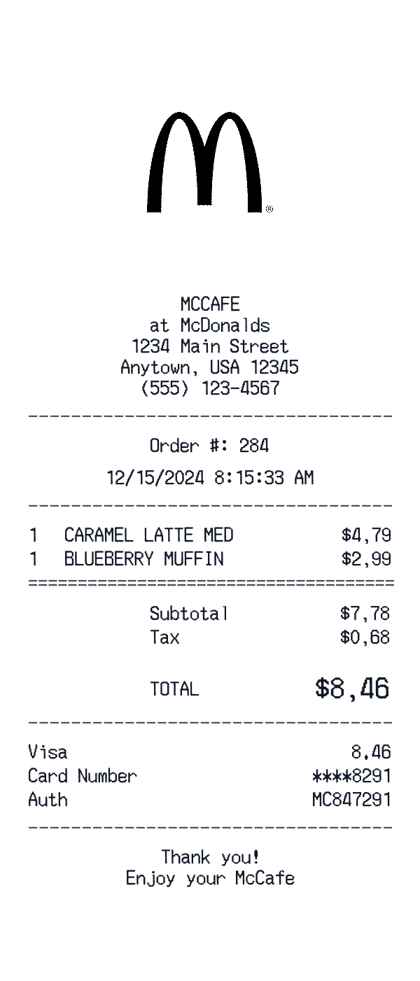 McCafe receipt template example - coffee receipt with itemized details, prices, and payment information