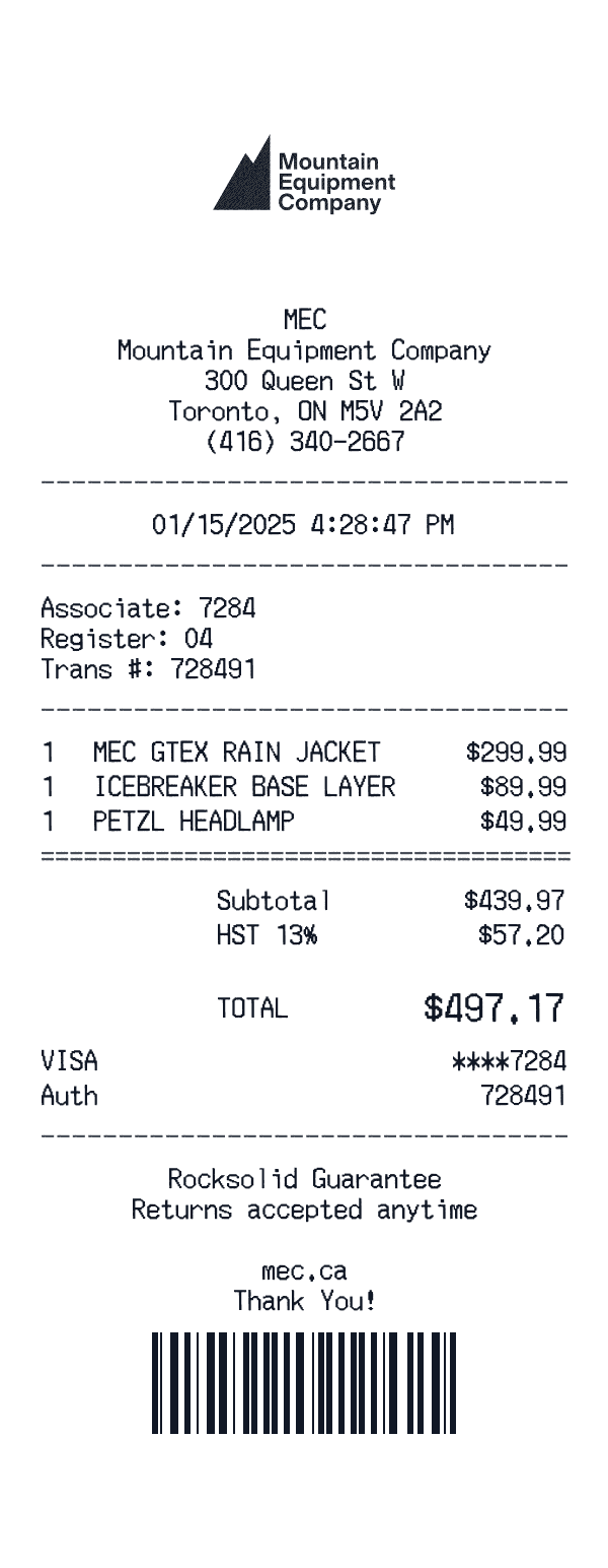 MEC receipt template example - retail receipt with itemized details, prices, and payment information