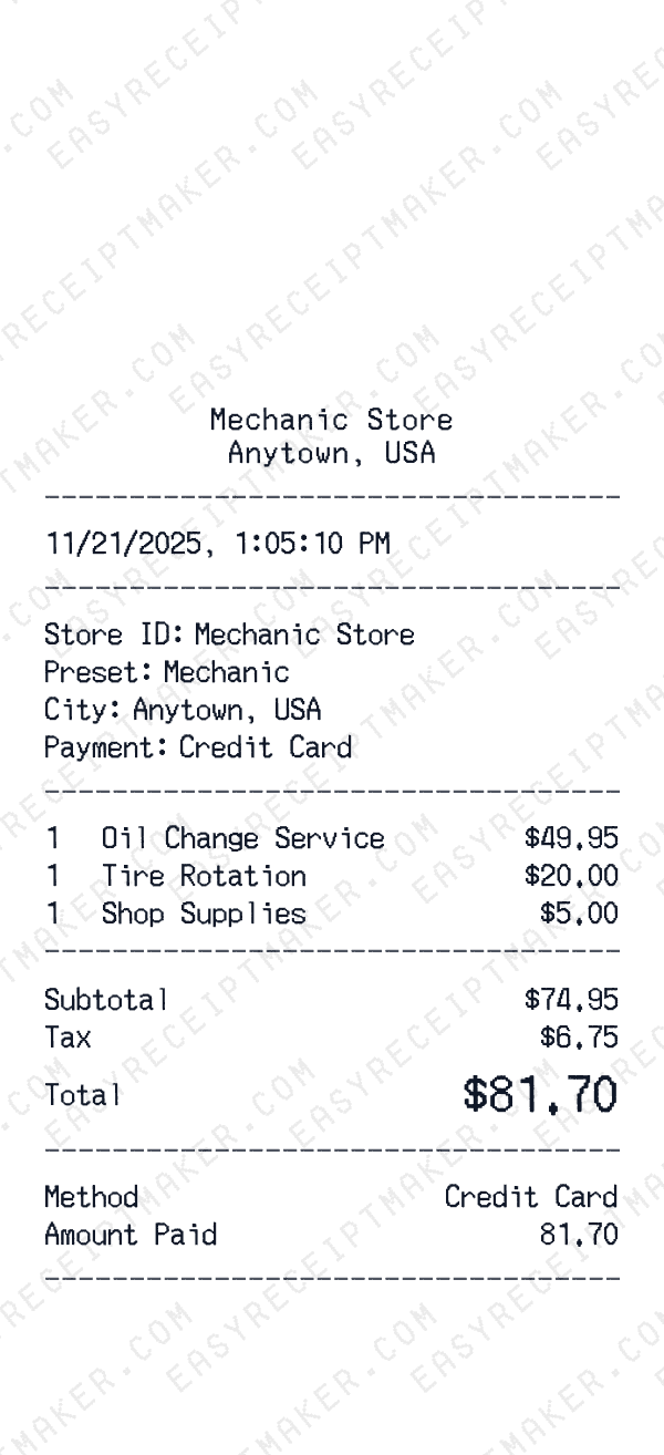 Mechanic receipt template generator preview
