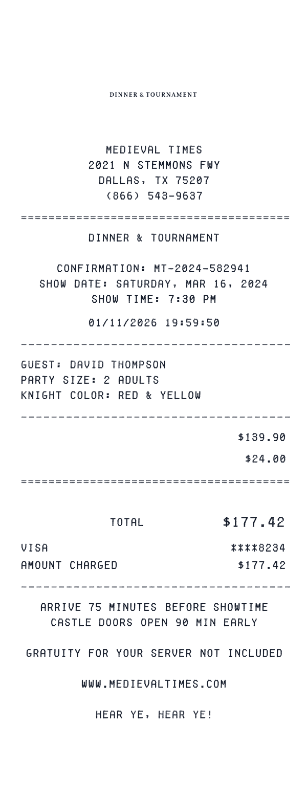 Medieval Times Dinner & Tournament receipt template example - entertainment receipt with itemized details, prices, and payment information
