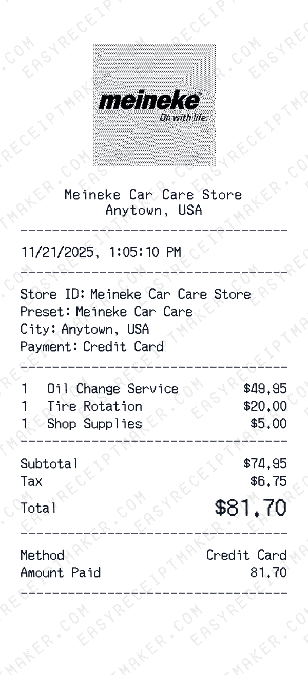 Meineke Car Care receipt template generator preview