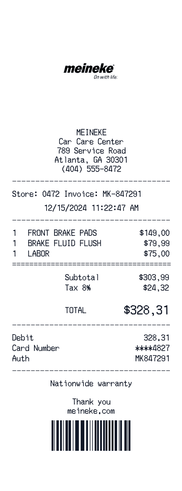 Meineke receipt preview