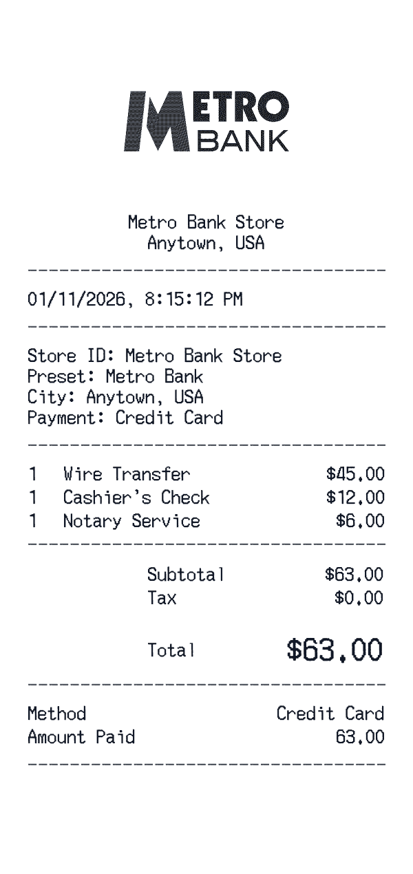 Metro Bank receipt template example - finance receipt with itemized details, prices, and payment information