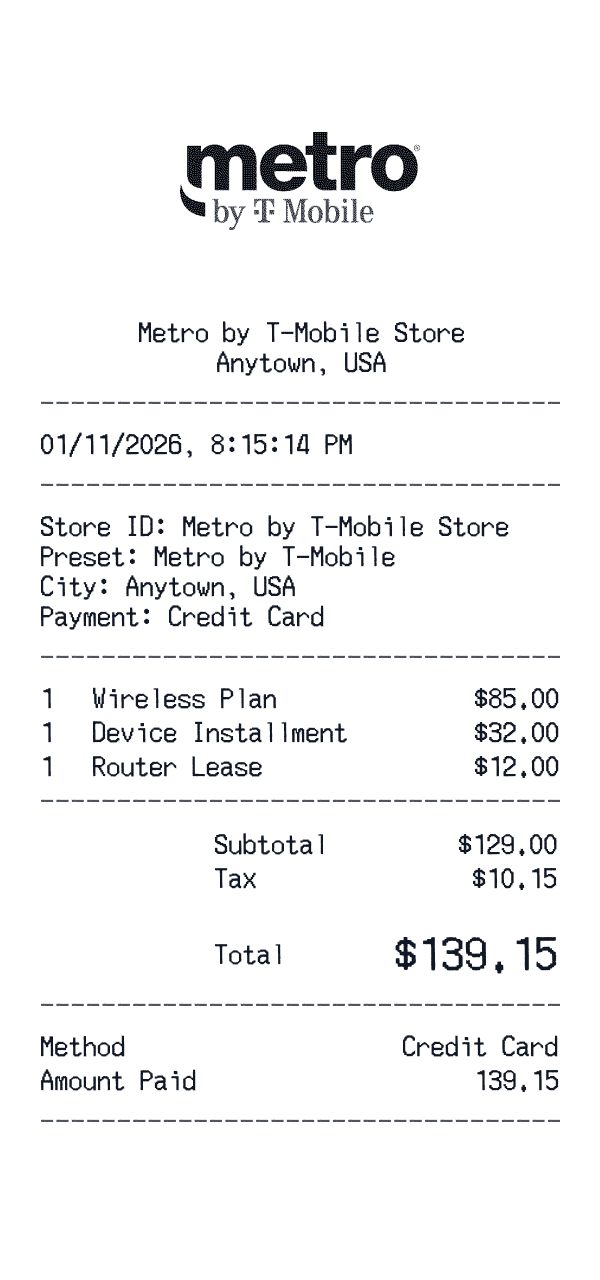 Metro by T-Mobile receipt preview