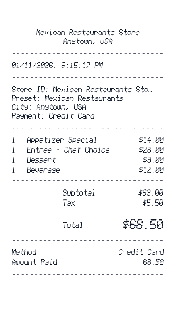 Mexican Restaurants receipt preview