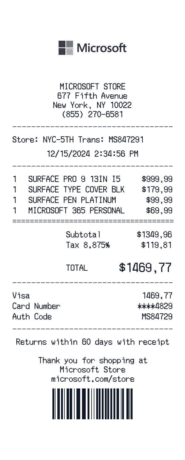 Microsoft Store receipt preview