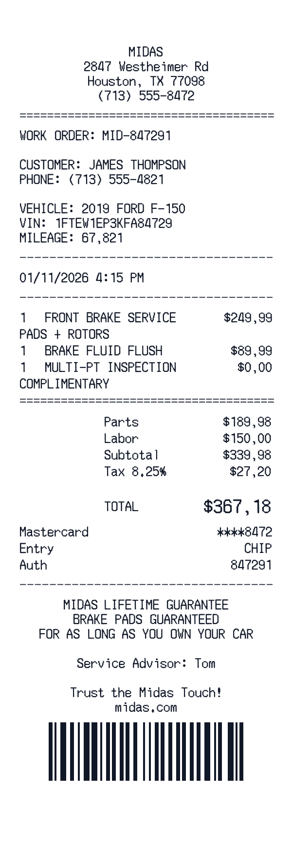 Midas receipt template example - auto services receipt with itemized details, prices, and payment information