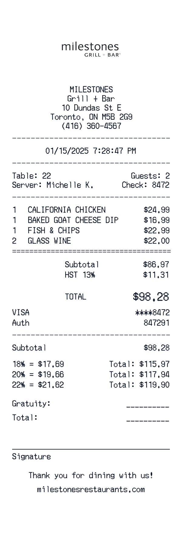 Milestones receipt template example - restaurant receipt with itemized details, prices, and payment information