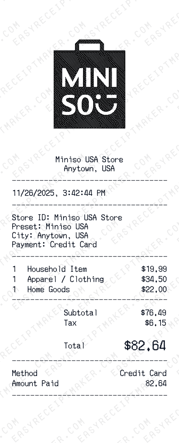 Miniso USA receipt preview