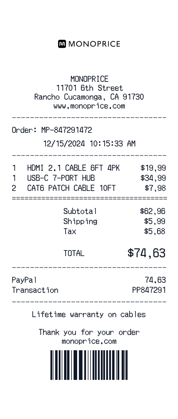 Monoprice receipt preview