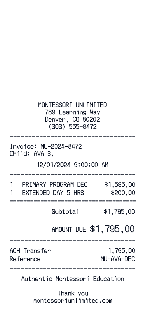 Montessori Unlimited receipt preview