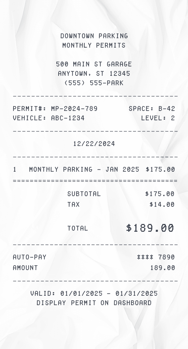 Monthly Parking Receipt receipt template