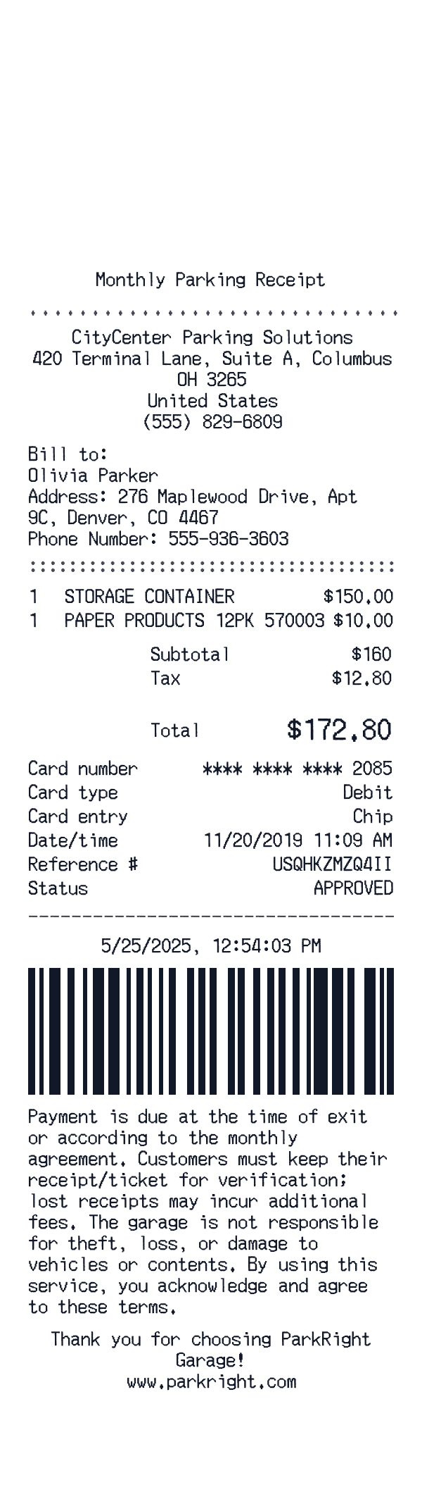Monthly Parking receipt template example