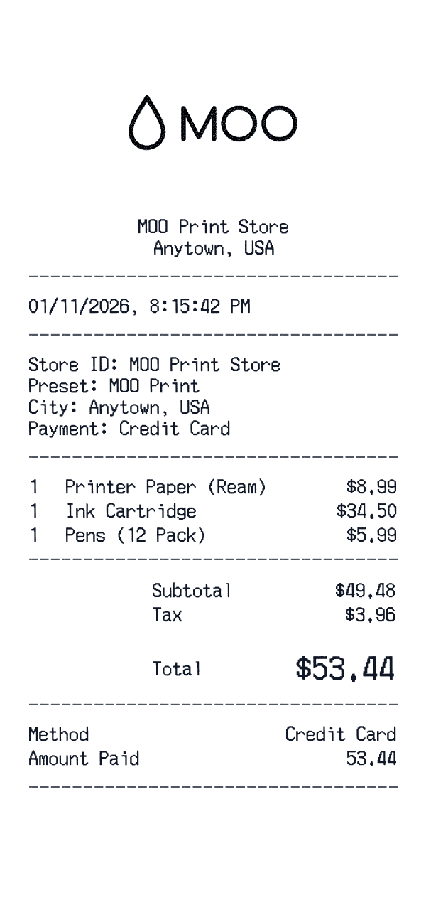 MOO Print receipt template example