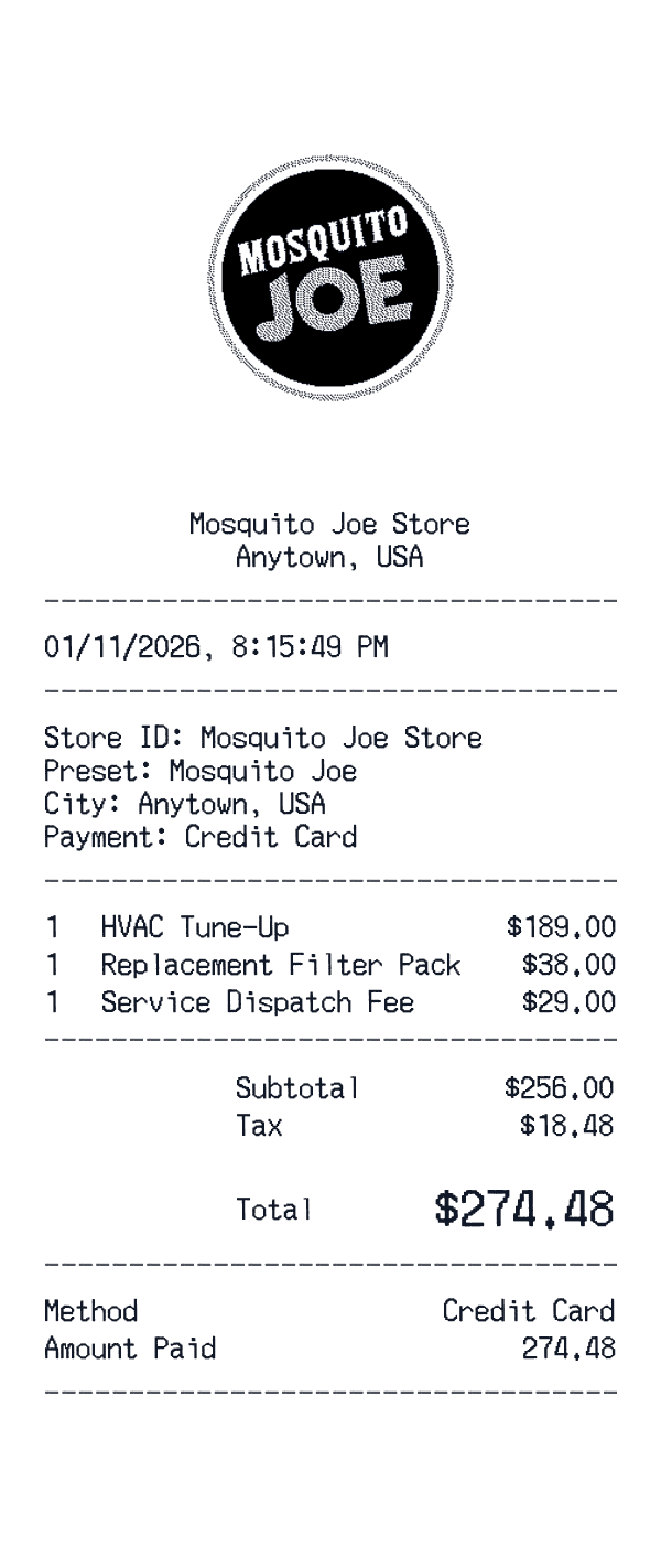 Mosquito Joe receipt template example - home services receipt with itemized details, prices, and payment information
