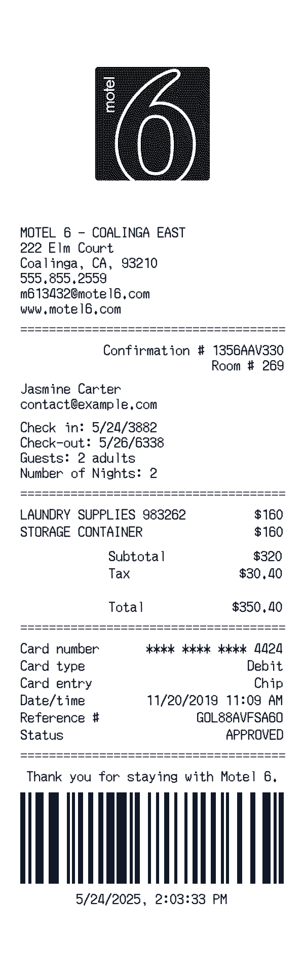 Motel 6 receipt preview