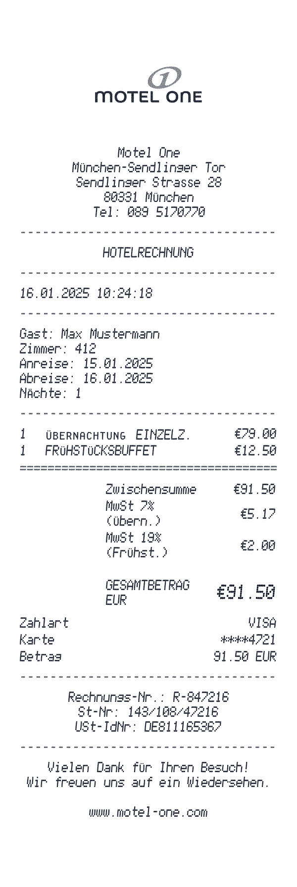 Motel One receipt template example - hotel receipt with itemized details, prices, and payment information