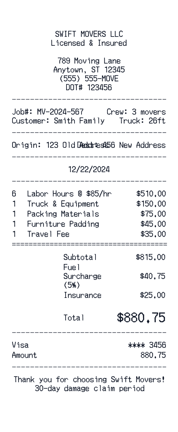 Moving Service Receipt receipt template example - generic templates receipt with itemized details, prices, and payment information