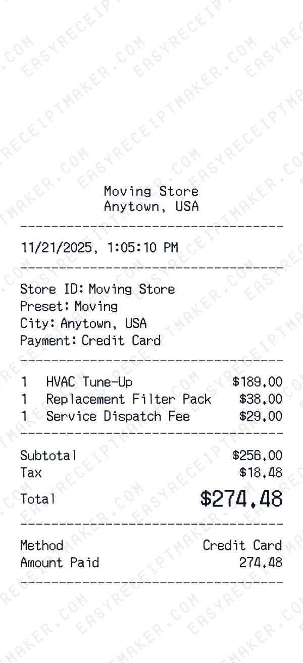 Moving receipt template generator preview