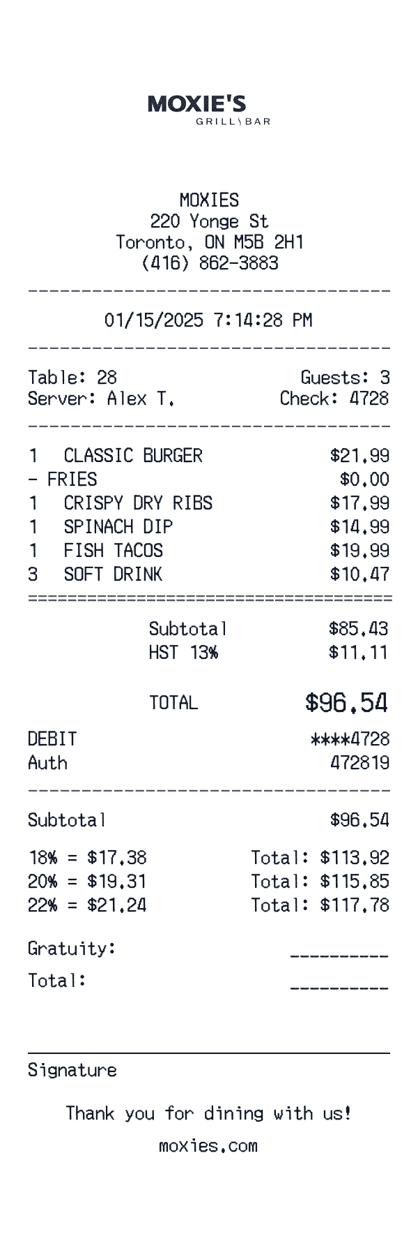 Moxies receipt template example - restaurant receipt with itemized details, prices, and payment information