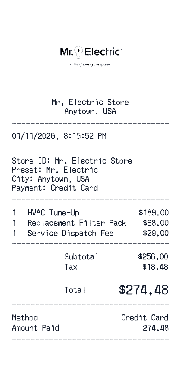 Mr. Electric receipt template example - home services receipt with itemized details, prices, and payment information