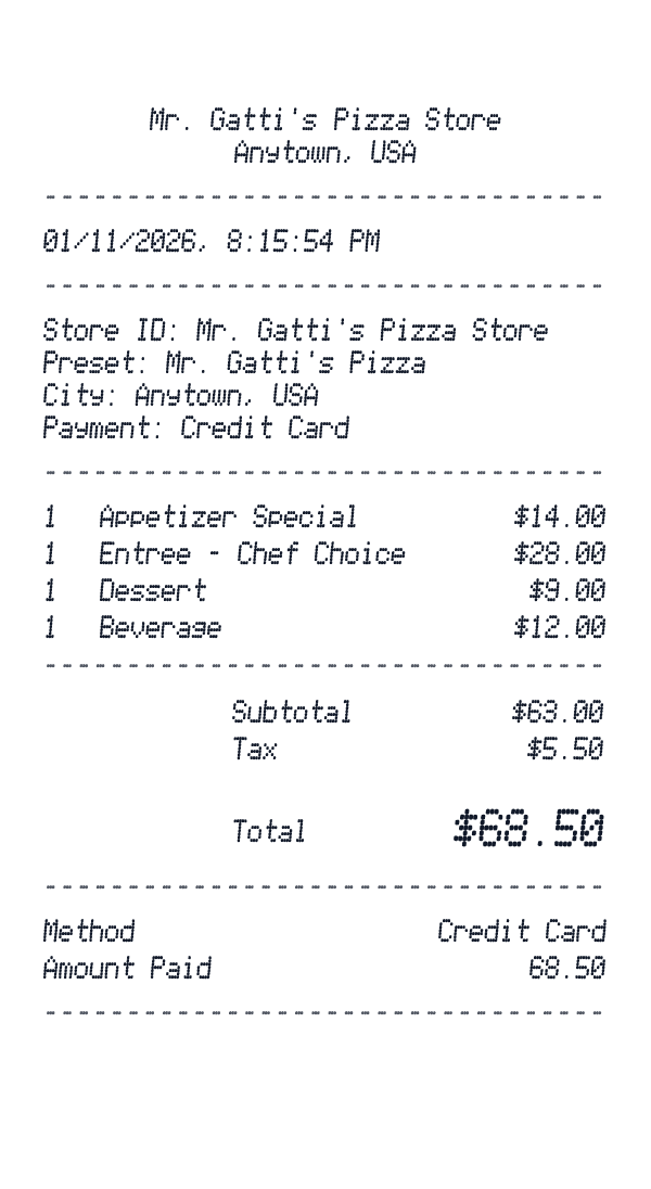 Mr. Gatti's Pizza receipt preview