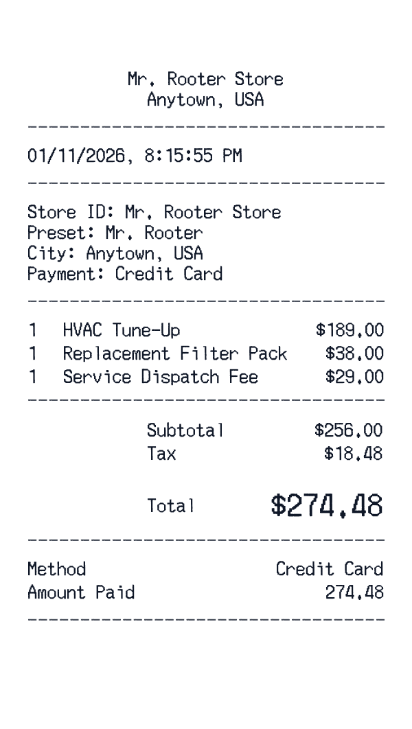 Mr. Rooter receipt template example - home services receipt with itemized details, prices, and payment information