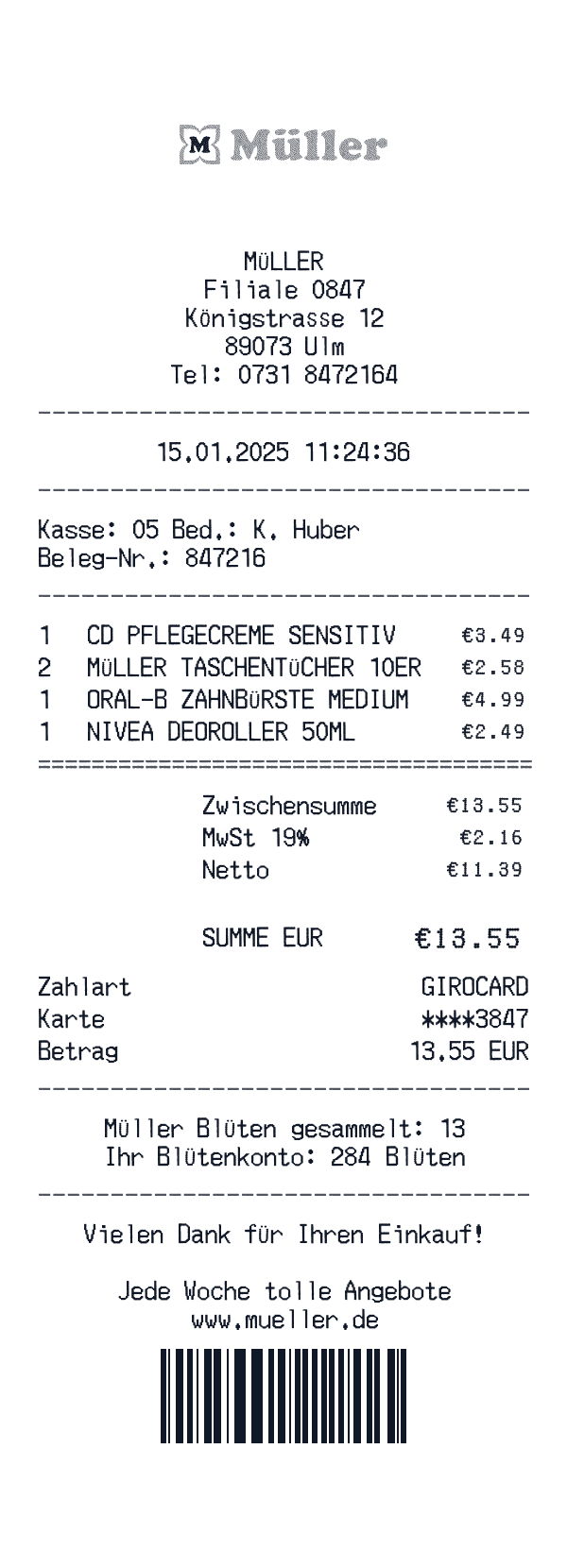 Müller Drogerie receipt template example - pharmacy receipt with itemized details, prices, and payment information