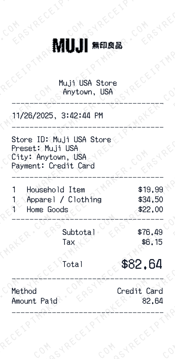 Muji USA receipt preview