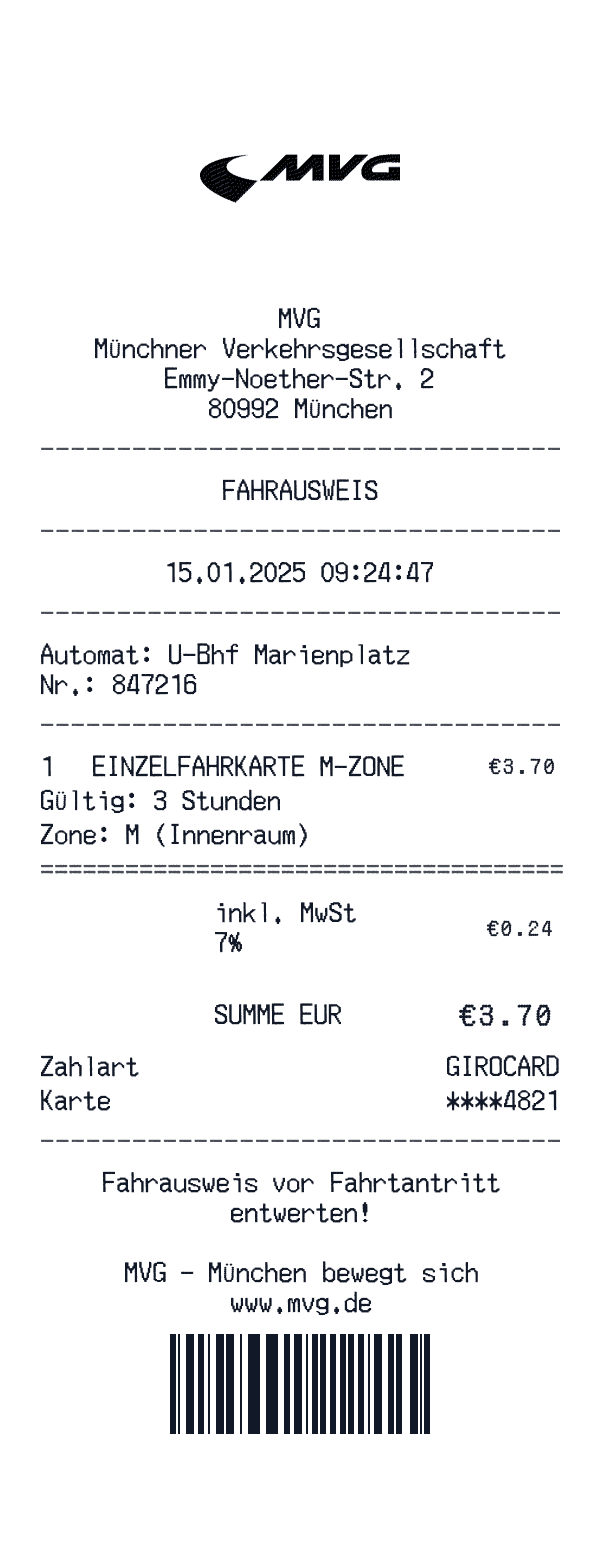 MVG München receipt template example - transportation receipt with itemized details, prices, and payment information