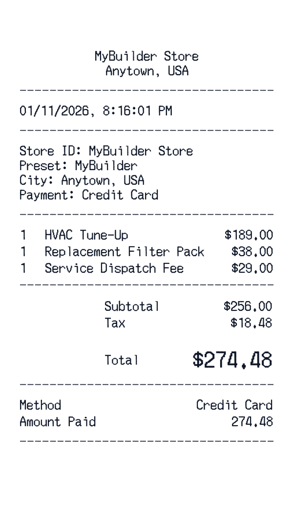 MyBuilder receipt template example - home services receipt with itemized details, prices, and payment information